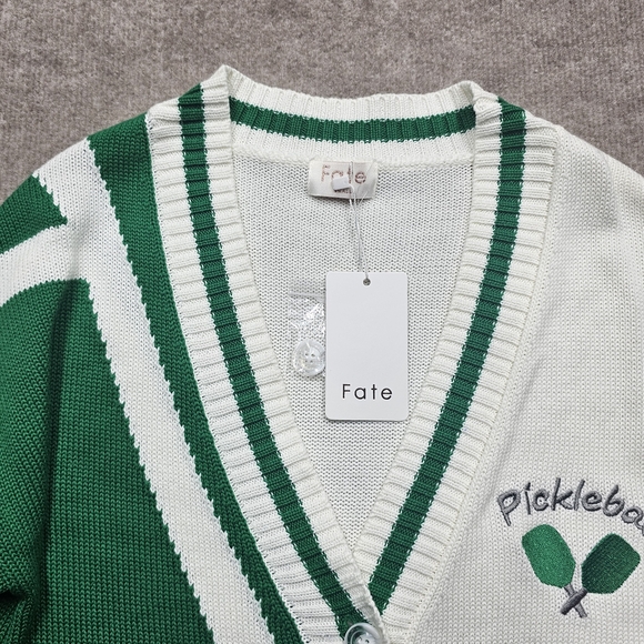 Fate Pickleball Embroidered Cardigan Sweater Size Small Green White Button Front - Picture 5 of 11